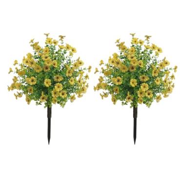 Imagem de Pacote com 2 árvores artificiais de buxo topiária com flores, plantas falsas ao ar livre com ponta de solo, 58 cm, resistente a UV, arbustos falsos, plantas perenes falsas para varanda de jardim e