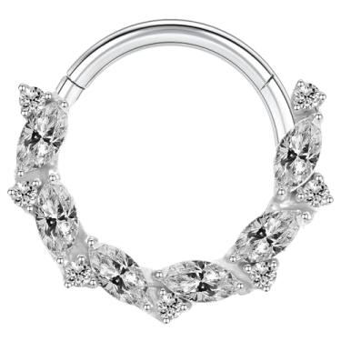 Imagem de TRBR Anel de septo 16G aço cirúrgico Daith Piercing Joia, CZ Pedra Preciosa Articulada Segmento Clicker Daith Brinco Calibre 16 Ouro Prata Argola, Silver, Aço inoxidável cirúrgico 316L, Zircônia