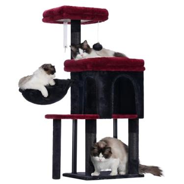 Imagem de Hey-brother Torre de árvore para gatos, postes de arranhar com condomínio aconchegante, cama acolchoada, rede, poleiro de pelúcia, poste de sisal e bola para gatinhos internos, 112 cm, preto e