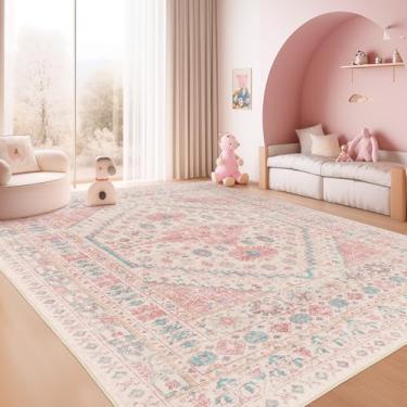 Imagem de Tapete de 2,75 x 3,65 m zesthome Lavável à máquina, felpa baixa, vintage, rosa, grande, para quarto de meninas, quarto de bebê resistente a manchas, para bebê engatinhar (rosa/azul, 2,75 x 3,65 m)