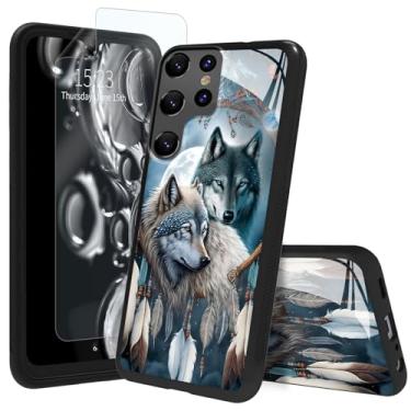 Imagem de ACWDMKH Capa para Samsung Galaxy S24 Ultra com protetor de tela e traseira de vidro temperado e amortecedor de TPU à prova de choque, resistente a arranhões para Samsung S24 Ultra, lobo apanhador de