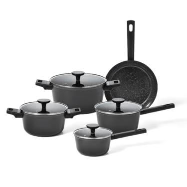 Imagem de Oikos - Jogo Panelas Antiaderente Cerâmico 5 Peças para Fogão por Indução, a Gás, Elétrico e Vitrocerâmico Cor Preta Mou Chia