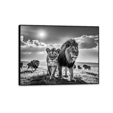 Imagem de Lion Pictures Wall Art Sunshine Grupo de leões na savana africana sob o sol Pintura em tela retrato preto e branco 90 x 70 cm (36 x 28 pol) moldura preta
