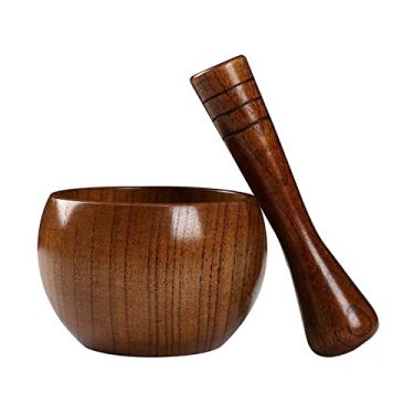 Imagem de Tigela Moedora Conjunto de almofariz e pilão de madeira, tigela redonda de moedor de madeira de aparência brilhante para guacamole, salsa, triturador de ervas e pílula, 4,7 pol. Moedor Triturador