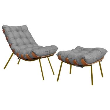 Imagem de Poltrona e Puff Abel Base de Madeira Dourada Linho Cinza