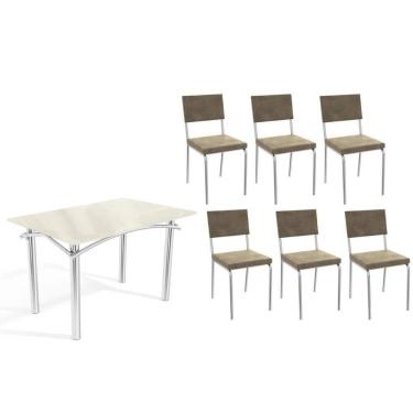 Imagem de Sala de Jantar Completa Elba Tampo Madeirado c/ Vidro 120cm e 6 Cadeiras Zaria Cromada/Off White - Suede Bege - Kappesberg