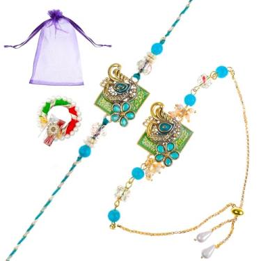 Imagem de Tarini Gallery Conjunto de 2 Rakhi e Lumba para Bhai Brother Bhaiya Bhabhi Raksha Bandhan Thread Roli Chawal Embalagem de Presente, One Size, Plástico, Sem Pedra Preciosa