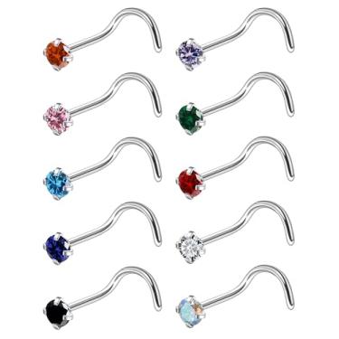 Imagem de Ruifan ASTM F136 Anéis de nariz de titânio 18 G, 20 G, 22 g, cor mista, zircônia, piercing de nariz, parafuso, em forma de L, hipoalergênico, joia para mulheres 1,5 mm, 2 mm, 2,5 mm, 3 mm, 10 peças