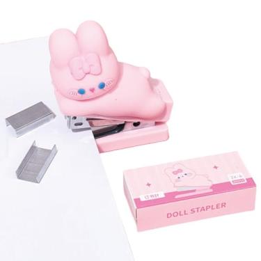 Imagem de Lindo grampeador de mesa rosa com grampos, pequeno grampeador de escritório para mulheres, meninas, crianças, grampeadores de coelho de desenho animado para mesa, grampeadores portáteis para