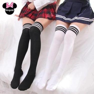 Imagem de Meia 7/8 Gato/Colegial Geek Cosplay Pin Up Lolito (Preta/Branca) - oem