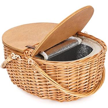 Imagem de Cesta de piquenique de vime com refrigerador, cesta de piquenique com tampa dividida em madeira, cesto de piquenique estilo vintage com alça de tecido dobrável para piquenique, acampamento, ar livre, dia dos namorados, dia de agradecimento, aniversário