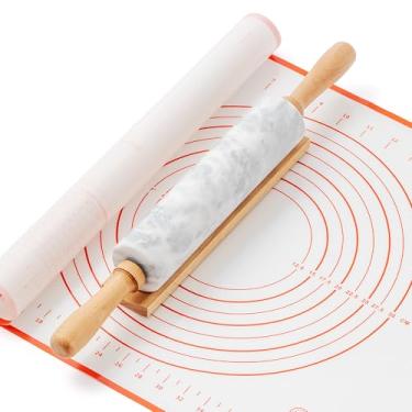 Imagem de WORHE Rolo de massa de mármore com tapete de silicone antiaderente e base de madeira, rolo de massa pesado de 42 cm para crosta de pizza, biscoitos, macarrão, fondant, superfície antiaderente polida