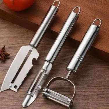 Imagem de Kit Cozinha 3 Descascadores Inox e Afiador de Facas 3 em 1 com Espremedor de Alho, Multiuso para Legumes e Frutas