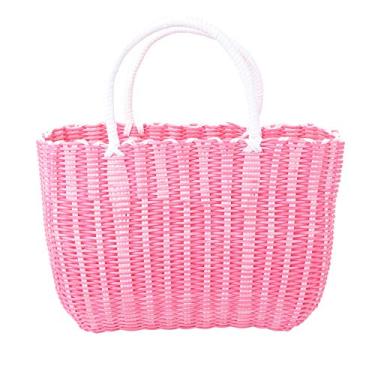 Imagem de Mobestech Cesta de Plástico Trançada Rosa, Cesta de Compras Portátil, Cesta de Armazenamento Casa, 35 x x 14 cm