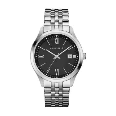 Imagem de Relógio masculino Caravelle by Bulova de quartzo prateado em aço inoxidável, mostrador preto Estilo: 43B158, Prata, Movimento de quartzo