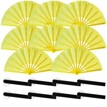 Imagem de ATTRACME 8 peças de leques dobráveis grandes de glitter a granel com mangas para dança de linha, 33 cm, amarelo brilhante, leque de estourar, leque dobrável retrô para festivais, festas - amarelo