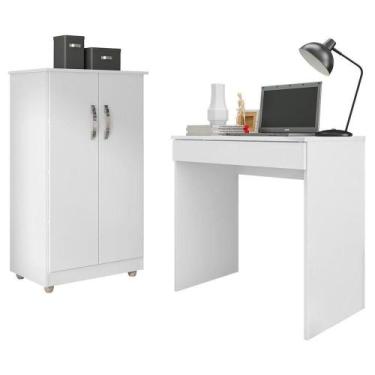 Imagem de Conjunto Home Office Mesa Escrivaninha E Armário Branco - AJL MÓVEIS