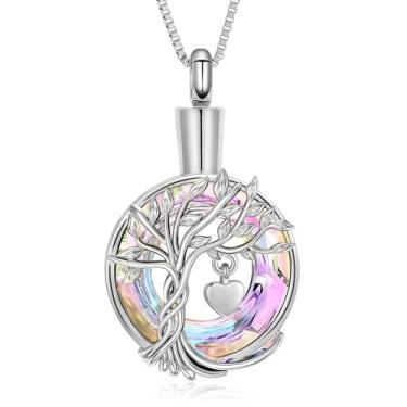 Imagem de QGJNSGC Colar de urna de árvore da vida, joia de cremação, para cinzas, pingente de cinzas de aço inoxidável, círculo de cristal para mulheres e homens, memorial de lembrança para joias e presentes