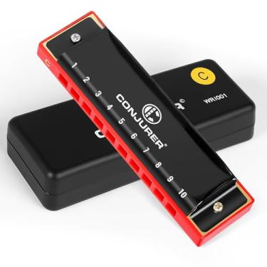 Imagem de CONJURER Blues Harmonica para crianças adultos iniciantes, gaita diatônica de 10 furos chave de C, palheta de latão boca de metal órgão C chave blues harpa com estojo, chave C preta vermelha