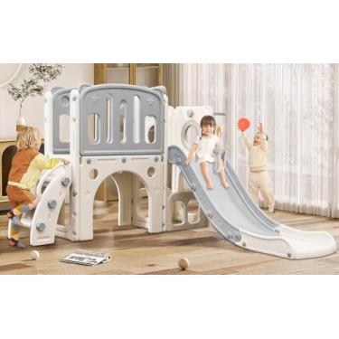 Imagem de Escorrega, Parquinho, Escorregador 3 Degraus, Escorregador de Plástico, 7x1, Compacto E Fácil Montagem, com Escorregador, Cesta de Basquete, Escalada, Luneta