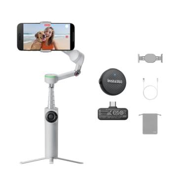 Imagem de Insta360 Pacote de microfone Flow 2 Pro cinza – Gimbal de telefone AI dobrável, rastreie em mais de 200 aplicativos iOS, multipessoas e rastreamento panorâmico 360, tripé integrado/bastão de selfie