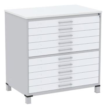 Imagem de Mapoteca 10 Gavetas Pandin 120cm (larg) Inmetro Tampo Mdp Branco Estrutura Aço Cinza Gavetas Brancas