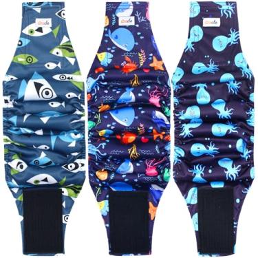 Imagem de Grecle Faixas premium para cães – Fraldas para cães machos de alta absorção (pacote com 3) – Faixa abdominal lavável para incontinência de cães machos e treinamento de filhotes (Seafloor, M)