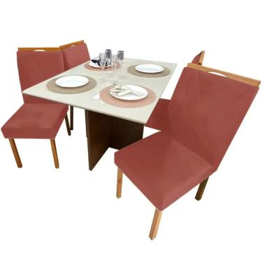 Imagem de Mesa de Jantar Helo 120x90cm em Veludo com 4 Cadeiras California Poliman Cor Off White com Assento Cobre