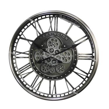 Imagem de Relógio de Parede Prata Minimalista Vintage com Engrenagens Aparentes, 40 cm, Visor Analógico com Números Romanos, para Cozinha, Escritóirio, Banheiro
