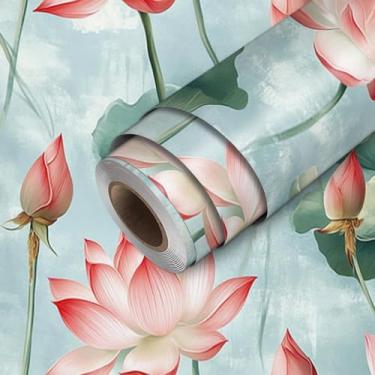 Imagem de HOMETITUTE Papel de parede para lagoa de lótus rosa aquarela descasque e cole papel de parede de contato 45 cm x 300 cm cobertura de parede de vinil autoadesivo quarto cozinha banheiro