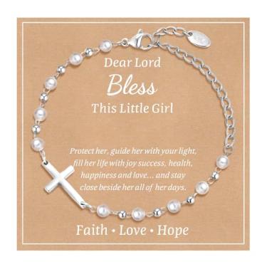 Imagem de Presente de pulseira de cruz de batismo de bebê: 18 k banhado a ouro / prata delicada pérola cruz pulseiras crianças filha neta aniversário primeira comunhão confirmação presentes joias cristãs para