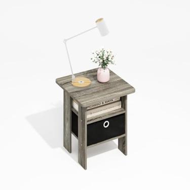 Imagem de Furinno Mesa de canto Andrey, mesa lateral com gaveta de lixo, carvalho cinza/preto