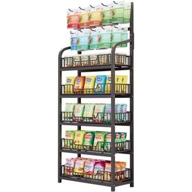 Imagem de Suporte De Exibição De Rack De Lanche De Varejo 5 Prateleiras, Suporte De Concessão De Home Theater Com Ganchos Para Doces De Saco De Batatas Fritas, Prateleira, Black, 4-Tiers 60x27x146cm
