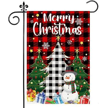 Imagem de Bandeira de jardim de Natal, bandeiras de Feliz Natal, 30,5 x 45,7 cm, árvore de Natal, boneco de neve com serapilheira xadrez búfalo, vertical, pequena bandeira de quintal de inverno, placas de decorações de férias para casa ao ar livre