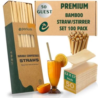 Imagem de Conjunto de mexedores e guardanapos de bambu ecológicos – Pacote com 50 canudos de bambu orgânico de 20 cm + 50 guardanapos descartáveis de luxo – Essenciais de festa biodegradáveis para coquetéis