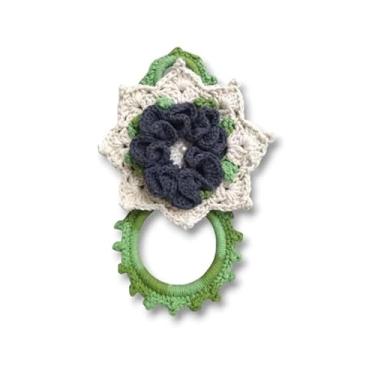 Imagem de Porta Pano de Prato Decorativo com Flor Colorida em Crochê Artesanal, Suporte de Parede para Cozinha (Flor Bege e Cinza)