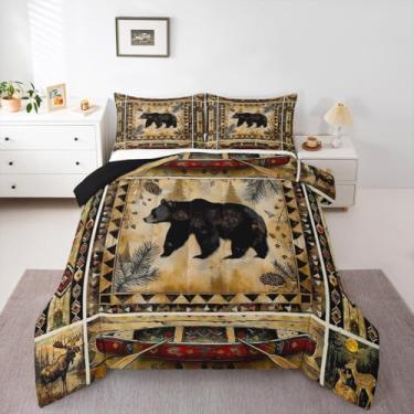 Imagem de Feelyou Conjunto de edredom Queen com ursos rústicos de cabana e ursos de cabana asteca, decoração de quarto de crianças, 3 peças