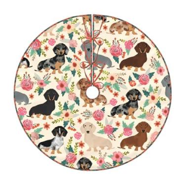Imagem de Saia de árvore de Natal com estampa de salsicha Dachshund com estampa de flores rosas, 76 cm, tapete de árvore rústico pequeno para decoração de casa de fazenda, Natal, férias, casa, festa, ambientes