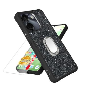 Imagem de Capa compatível com FOXXD Foxx Miro S67 5G [com protetor de tela de vidro temperado][anel espelhado] [Glitter em pó] para AirVoice S67 5G / C67/A67 capa de telefone de couro