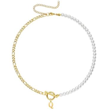 Imagem de Yanxyad Colar feminino com inicial de pérola, ouro 18K, aço inoxidável, letra A-Z, corrente fígaro, 40,6 cm + 7,6 cm, joia de presente para ela, Medium, Aço inoxidável, Sem Pedra Preciosa