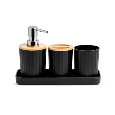 Imagem de Kit banheiro 4 pe�as dispenser bambu lavabo pia porta escova copo sabonete liquido 3 cores (Preto)