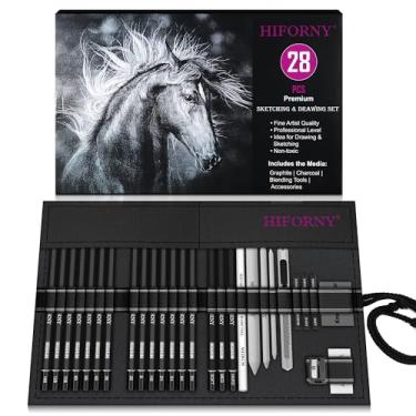 Imagem de HIFORNY Conjunto de lápis de desenho de esboço, 28 peças, suprimentos de arte com grafite, carvão, ferramentas de mistura, acessórios, kit de desenho para artistas adultos em capa de enrolar em tela