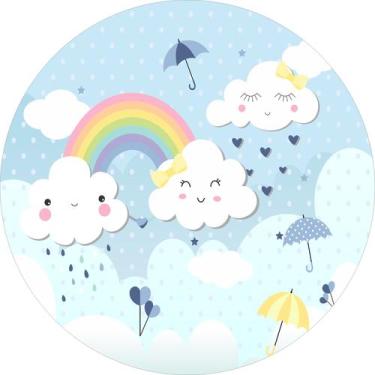 Imagem de Painel de Lona Redondo Chuva de Amor e Nuvens Arco Iris Rosa Claro - F