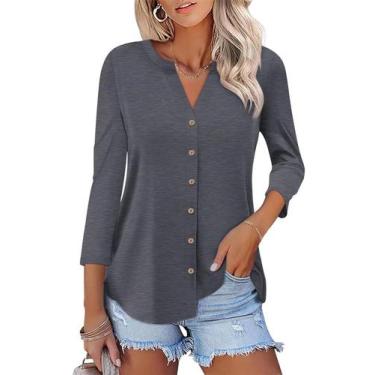 Imagem de Camiseta feminina ORANDESIGNE de manga 3/4 com decote em V com botões