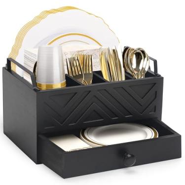 Imagem de Aikosell Dispensador de pratos de papel com gaveta, balcão de cozinha de madeira estilo country, piquenique, festa, acampamento – organizador para copos, colheres, garfos, pratos, material de