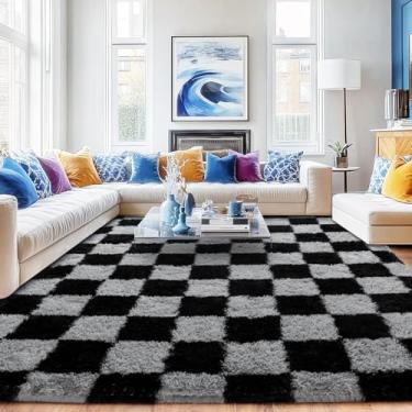 Imagem de Quntue Tapete xadrez para sala de estar 15 x 23 cm, ultramacio felpudo preto e cinza, tapete de área grande para quarto, moderno, macio, atualizado, tapete antiderrapante para quarto de crianças