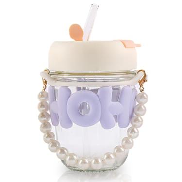 Imagem de Copo de vidro de 340 g com tampa e canudo, copo de vidro reutilizável para viagem com alça de pérola, xícara de café gelado para vitaminas, sucos e bebidas frias (roxo)