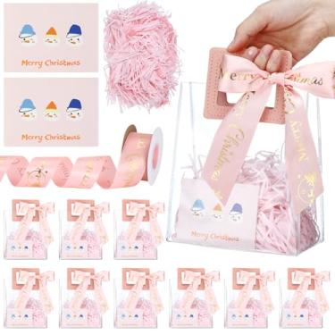 Imagem de Wesnoy Pacote com 12 sacos pequenos de presente de PVC transparente de Natal com alças, 12 cartões, 1 fita, 1 saco de papel de preenchimento de ráfia para embrulho de presentes de Natal, lembrancinha