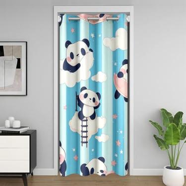 Imagem de Kawaii Panda Cortina de porta infantil, nuvens de estrelas, desenho animado, urso, animal, porta de quarto, sala de estar, listras geométricas, retalhos, azul, branco, privacidade, porta, 1 painel