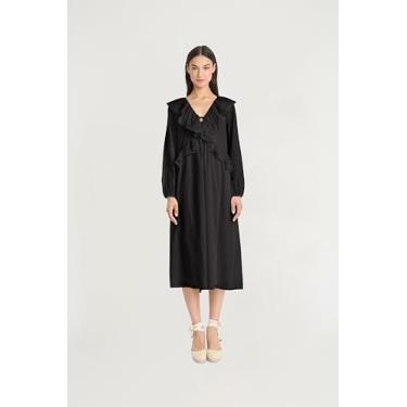 Imagem de The Good Journey Vestido midi feminino de manga comprida com decote em V e detalhes de babados - Vestidos de convidada de casamento evasê, Preto, G